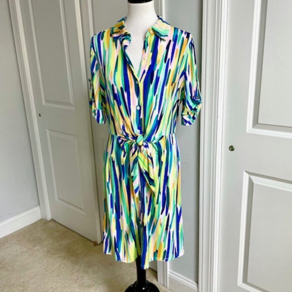 London Times Blue Green Yellow Short Sleeve Button Down Waist Tie Size 10